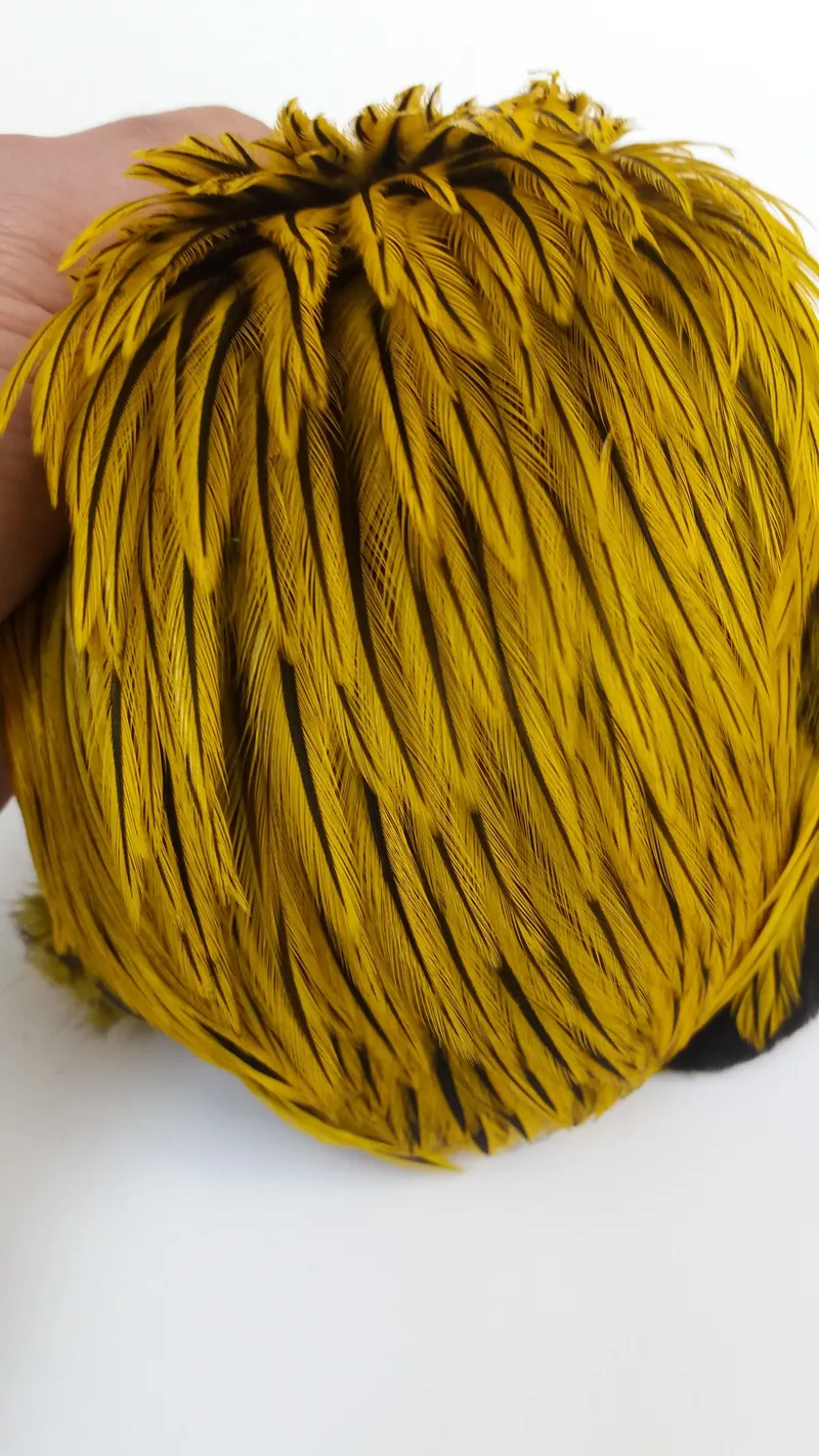 The Lakeland Brahma Rooster Cape in Silver Badger Dyed Yellow  from Whiting Farms-5